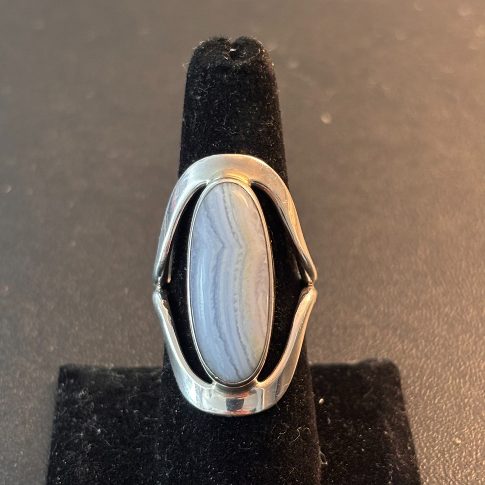Dominque Dinouart Signed Sterling Silver Blue Lace Agate Statement Ring sz 8.25